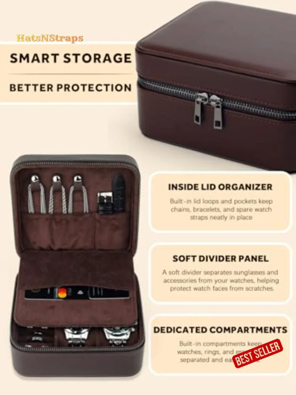 2-Slot Large Travel Watch Case for Men - PU Leather Watch Box with Suede